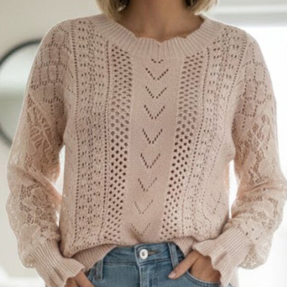 CreamSweater | Lace Contrast Sleeves - Size 1XL - Picture 1 of 7